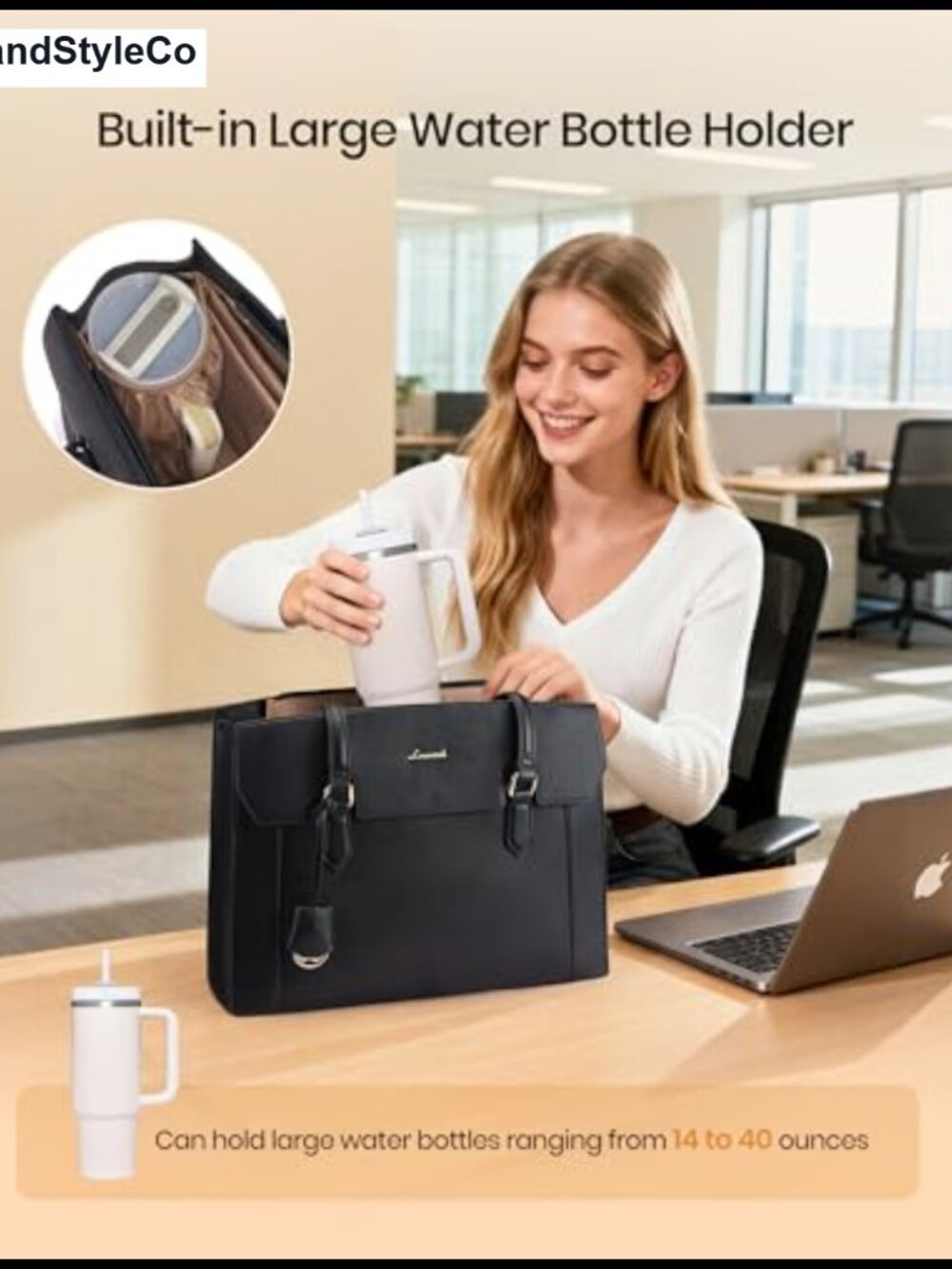 15.6in PU Leather Laptop Tote Bag Teacher Work Briefcase with Cup Holder - Picture 4 of 5